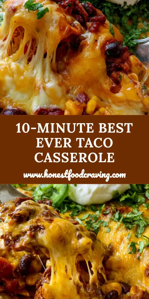 A bubbling Vegetarian Taco Casserole in a white ceramic dish with a dramatic cheese pull and fresh cilantro garnish.