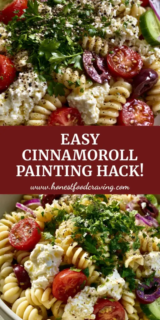 A vibrant pasta salad with cherry tomatoes and feta, looking as colorful as a Cinnamoroll acrylic painting.