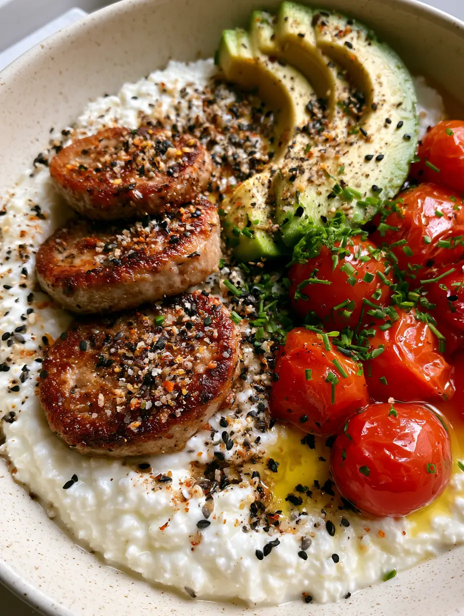 Macro close up of whipped cottage cheese with visible curds and seared sausage edges. (High protein breakfast ideas)