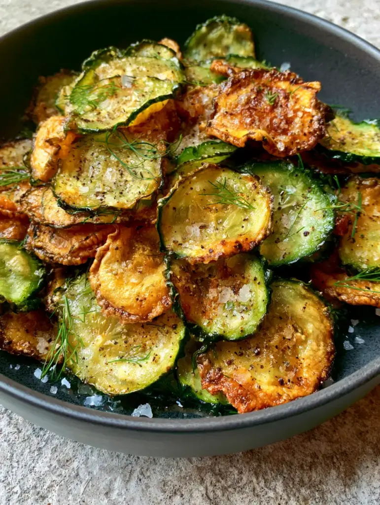Oven baked cucumber chips scattered with fresh dill and vinegar droplets in a modern matte ceramic bowl.