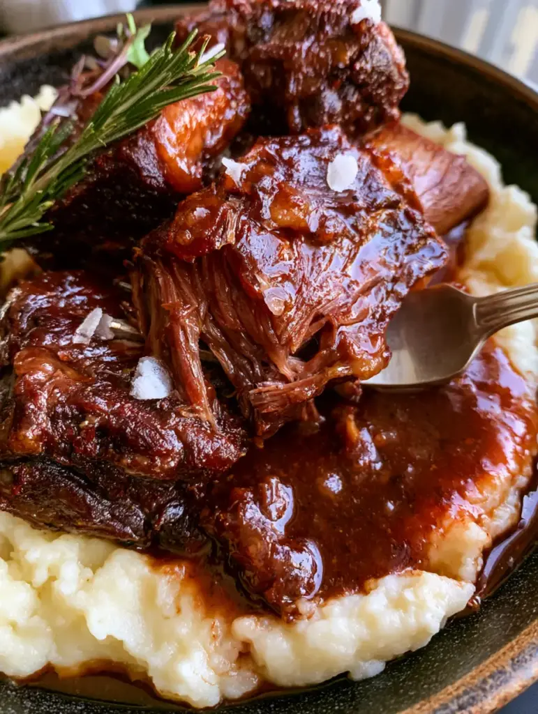 Beef Dinner Recipes: Red Wine Braised Short Ribs with Buttery Mash 1 Silver fork pulling apart steaming beef short ribs to reveal juicy muscle fibers and flaky sea salt.