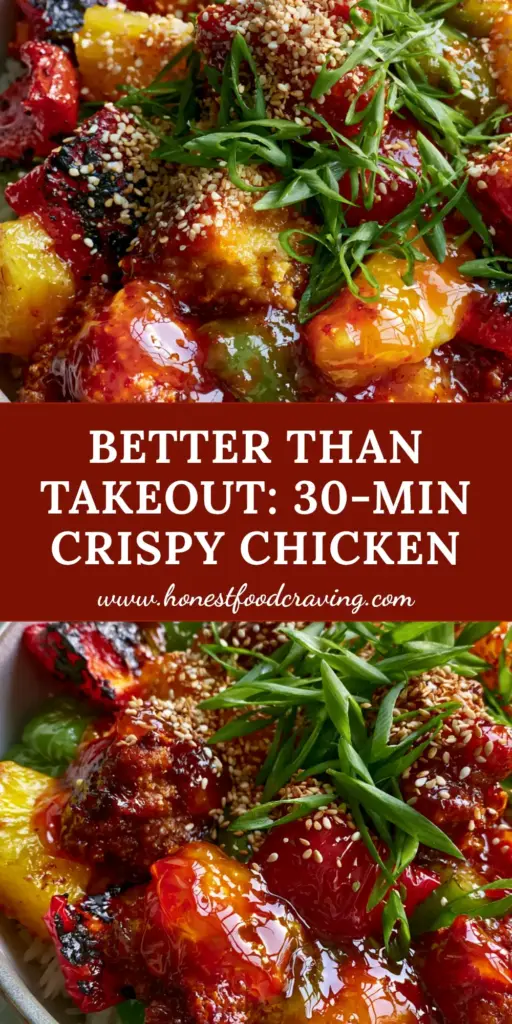 A close-up shot of crispy sweet and sour chicken with vibrant red-orange glaze and charred peppers over jasmine rice. (sweet and sour chicken recipe)