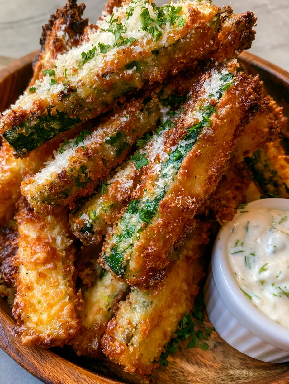 Close-up of jagged toasted panko and parmesan coating on zucchini spears. (parmesan zucchini fries)