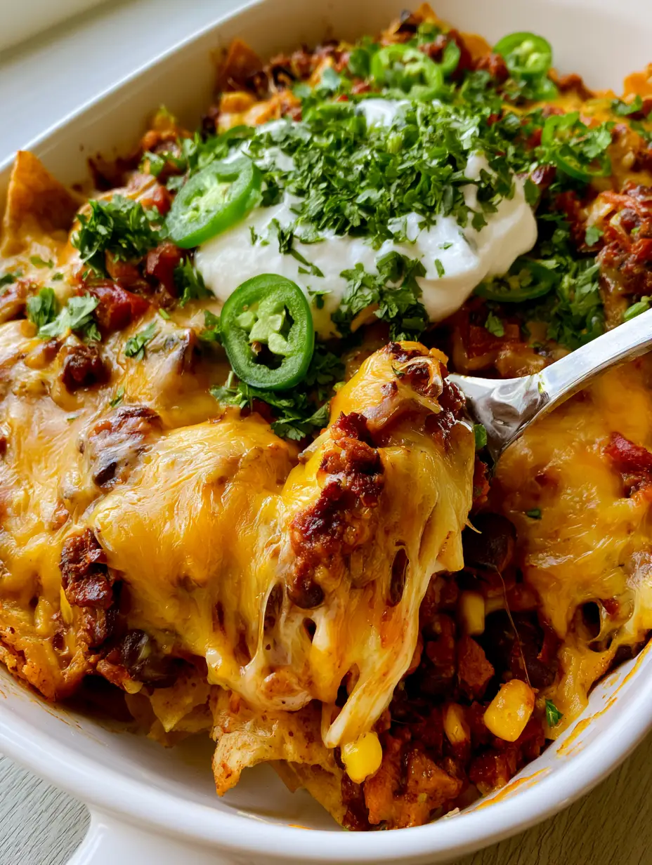 Close-up smartphone photo of Vegetarian Taco Casserole showing layers of black beans, corn, and melted sharp cheddar.