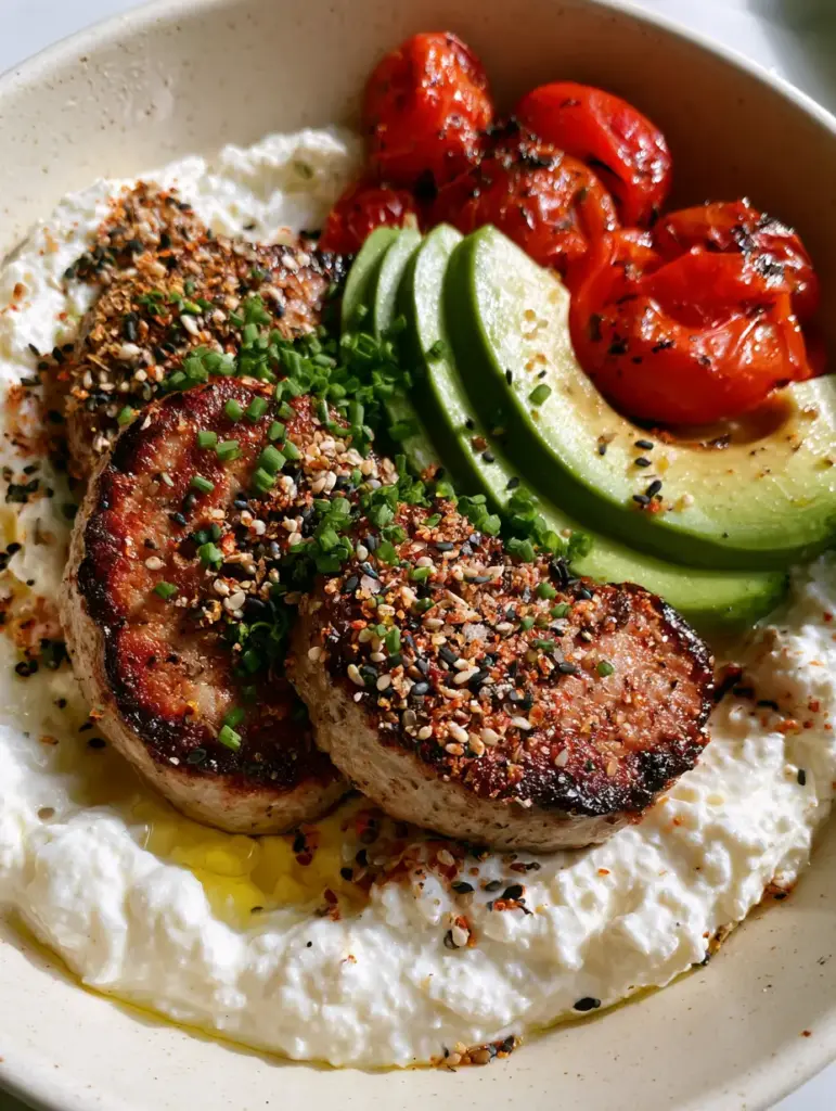A beautifully plated breakfast bowl with avocado crescents and everything bagel seasoning. (High protein breakfast ideas)