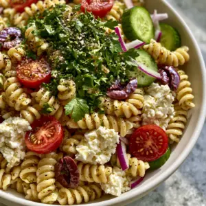 Extreme close-up of al dente pasta tossed in creamy herb dressing, resembling the textures of a Cinnamoroll acrylic painting.
