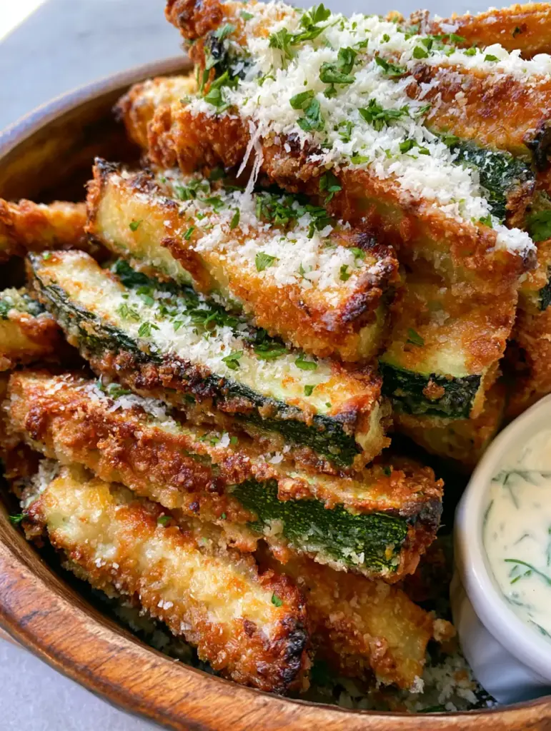 Parmesan zucchini fries stacked on a slate background with fresh parsley garnish.