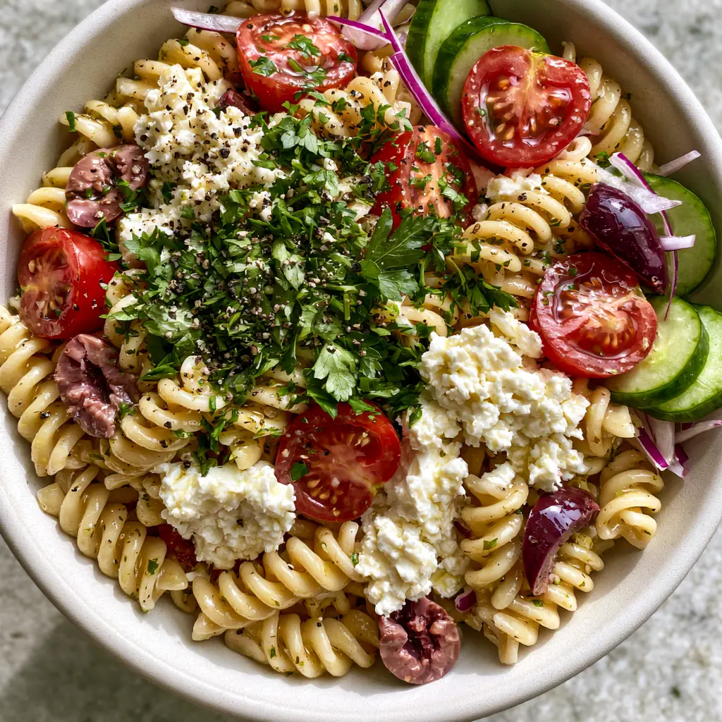 Top-down view of fresh cucumber slices and cherry tomatoes on a pasta salad, visually balanced like a Cinnamoroll acrylic painting.