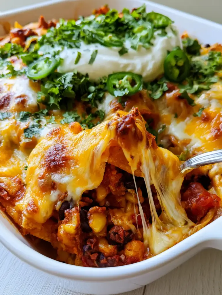 Vegetarian Taco Casserole garnished with fresh jalapeños, cilantro, and a dollop of sour cream on a wooden table.