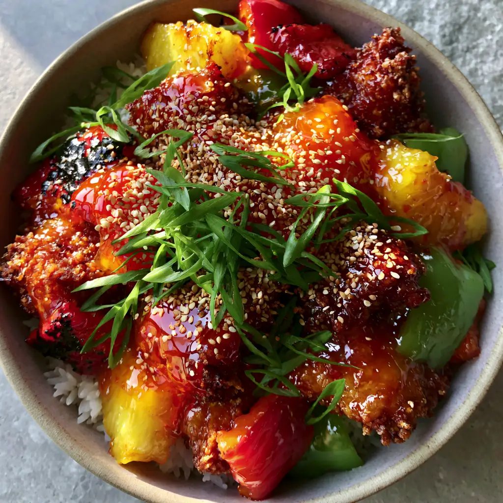 Close-up of translucent vibrant red-orange glaze coating caramelized pineapple and breaded chicken. (sweet and sour chicken recipe)