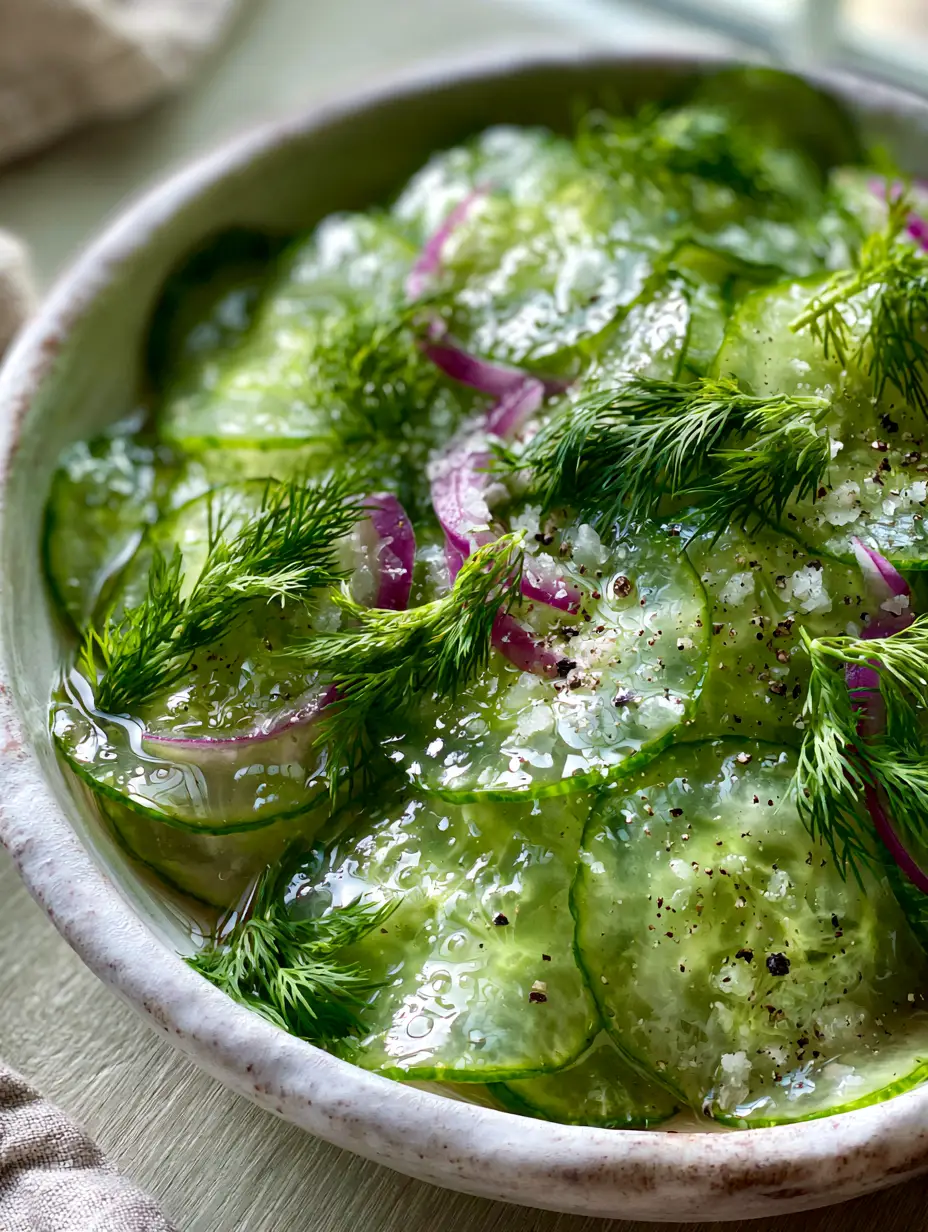 Ultra close-up of paper-thin English cucumbers in a clear vinegar dressing with visible droplets and fresh dill. (vinegar cucumber salad)