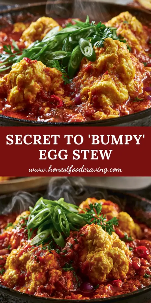 Nigerian Egg Stew: The Ultimate Guide to Thick, Golden Egg Clusters 4 A cast iron skillet of Nigerian Egg Stew with thick golden egg clusters, crimson tomato sauce, and sliced green onions served with fried yam fries. (Nigerian Egg Stew)