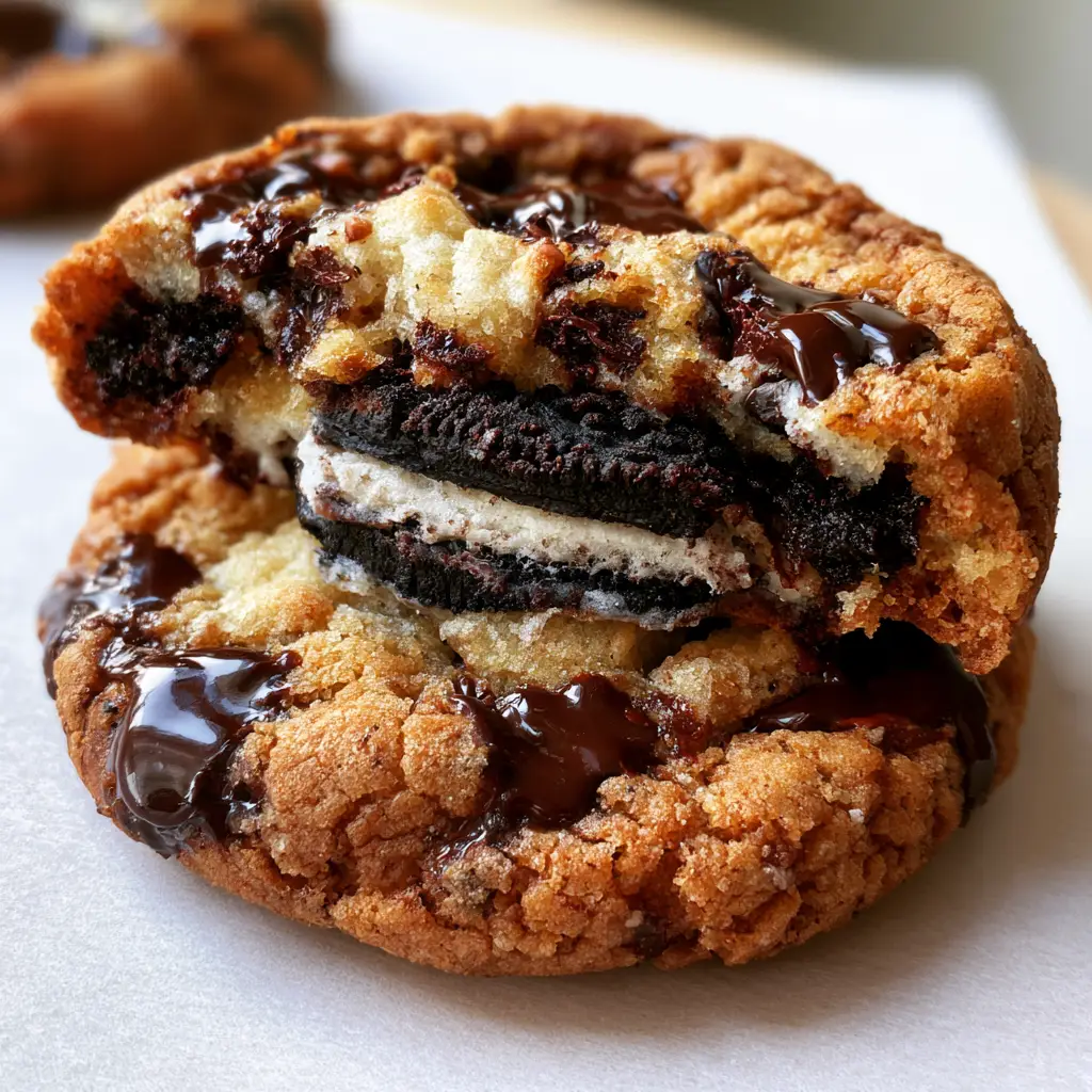 Oreo Stuffed Chocolate Chip Cookies: The Ultimate Bakery-Style Guide to Giant Gooey Perfection 2 Smartphone photo of a handheld Oreo stuffed chocolate chip cookie on white parchment paper showing the cracked crust.