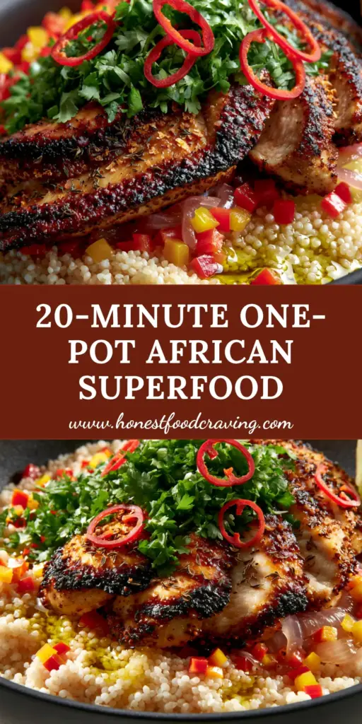 African Dishes Perfected: Charred Thyme Chicken and Fluffy Ivory Fonio Pot 4 A steaming black ceramic pot filled with fluffy ivory fonio, charred chicken slices, and vibrant bell peppers. (African dishes)