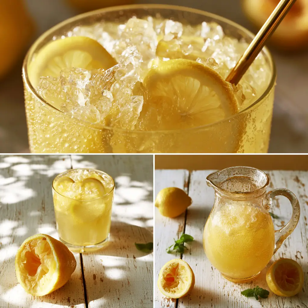 Classic Lemonade: The Ultimate Fresh-Squeezed Summer Refreshment 1 Rustic glass pitcher of Classic Lemonade surrounded by halved lemons and fresh mint on a white wooden table.