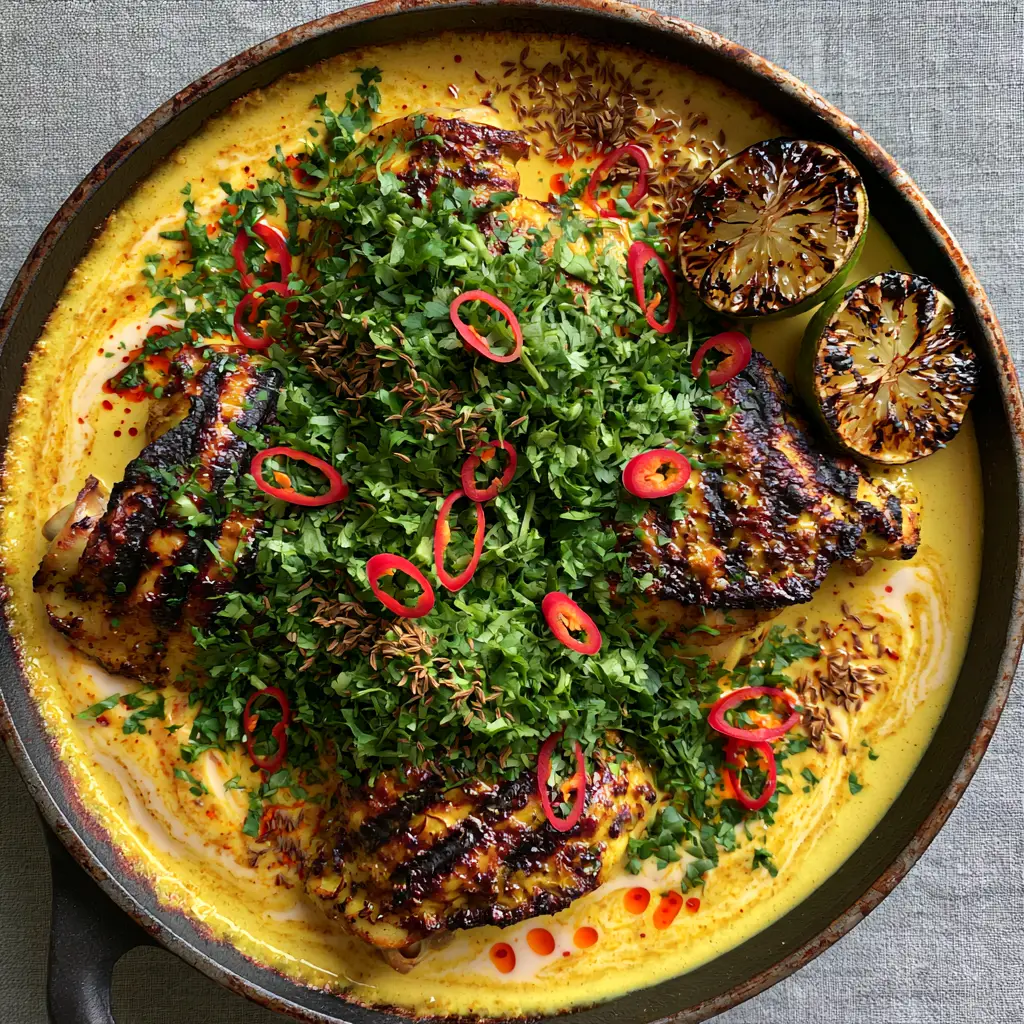 Close up of charred chicken thighs in a yellow coconut curry sauce with red chili oil droplets.