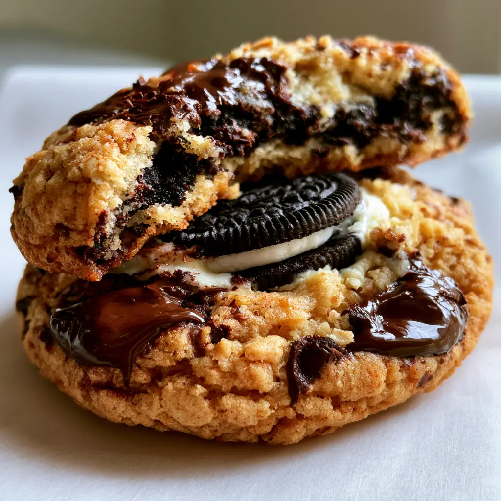 Oreo Stuffed Chocolate Chip Cookies: The Ultimate Bakery-Style Guide to Giant Gooey Perfection 1 Internal view of a broken Oreo stuffed chocolate chip cookie showcasing the black cocoa biscuit and white cream.