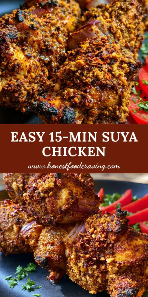 Suya Chicken: The Ultimate Air-Fried Nigerian Street Food Recipe 4 Close-up of air-fried Suya chicken skewers on a dark plate with tomato wedges and parsley garnish.