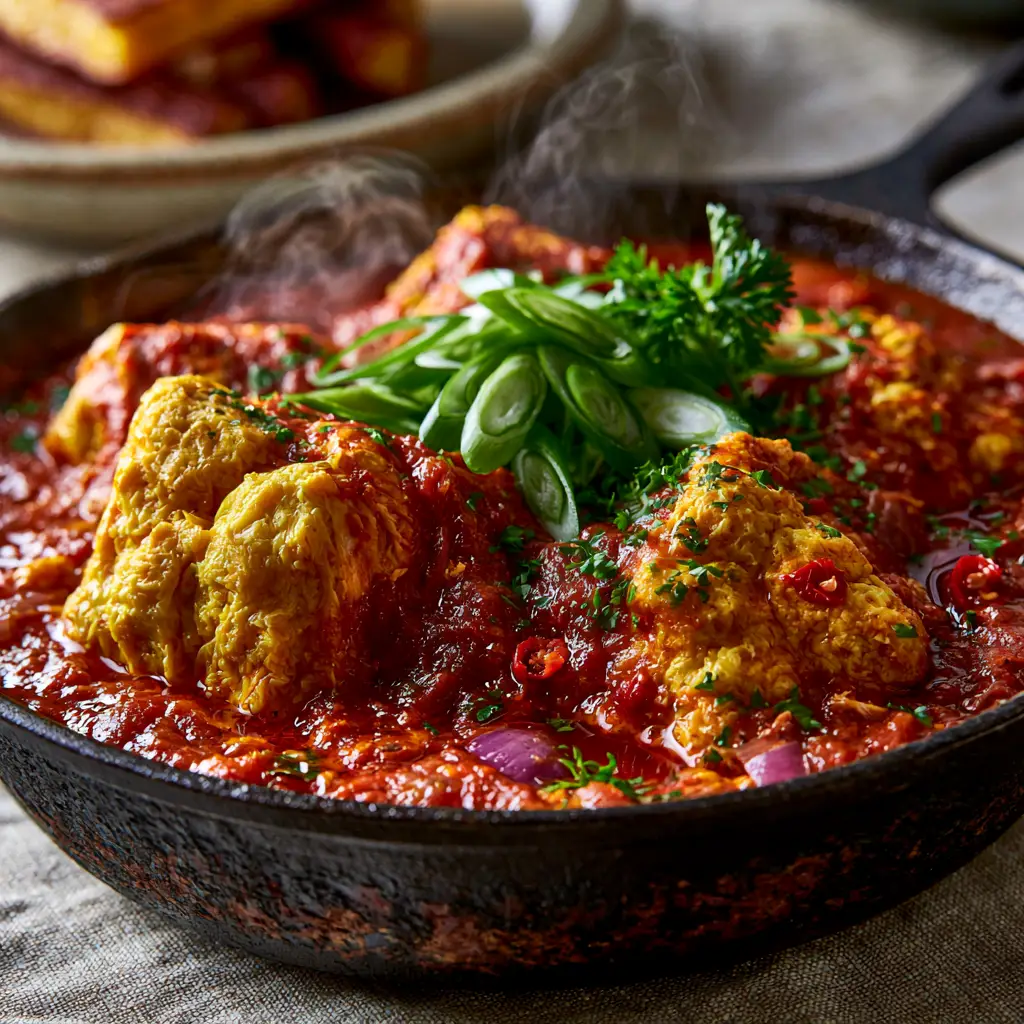 Nigerian Egg Stew: The Ultimate Guide to Thick, Golden Egg Clusters 2 Close up of bumpy golden egg clusters in a deep red tomato and pepper reduction with a glossy oil sheen. (Nigerian Egg Stew)