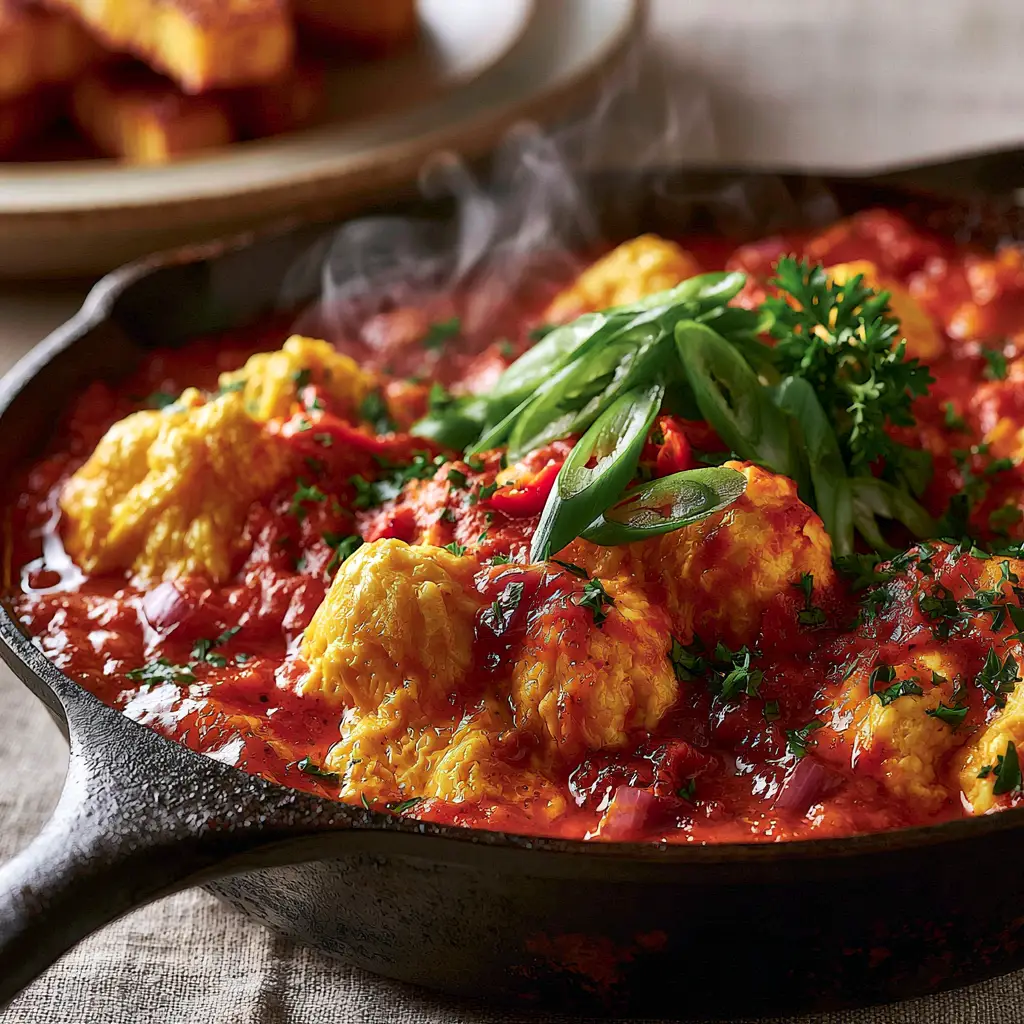 Nigerian Egg Stew: The Ultimate Guide to Thick, Golden Egg Clusters 1 Overhead view of Nigerian Egg Stew garnished with spring onions and parsley, with steam rising and fried yam in the background. (Nigerian Egg Stew)