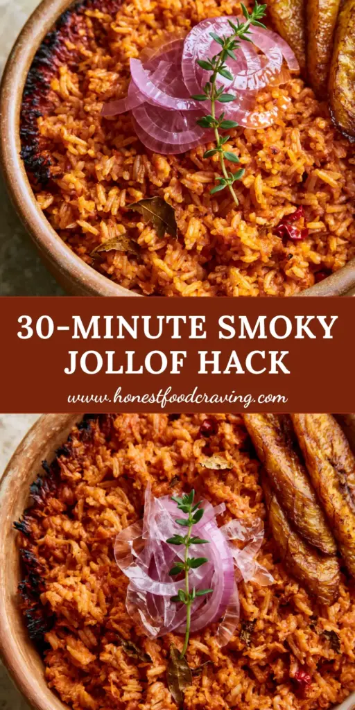 A rustic ceramic bowl of smoky Nigerian Jollof rice topped with caramelized plantains and red onion rings. (Nigerian lunch recipes)
