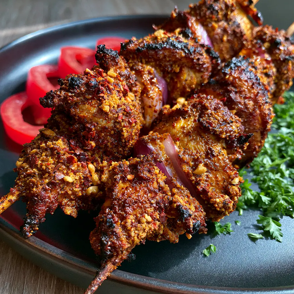 Suya Chicken: The Ultimate Air-Fried Nigerian Street Food Recipe 2 Extreme close-up of Nigerian Suya chicken skewers with a glistening peanut spice rub and charred edges. (Suya chicken)