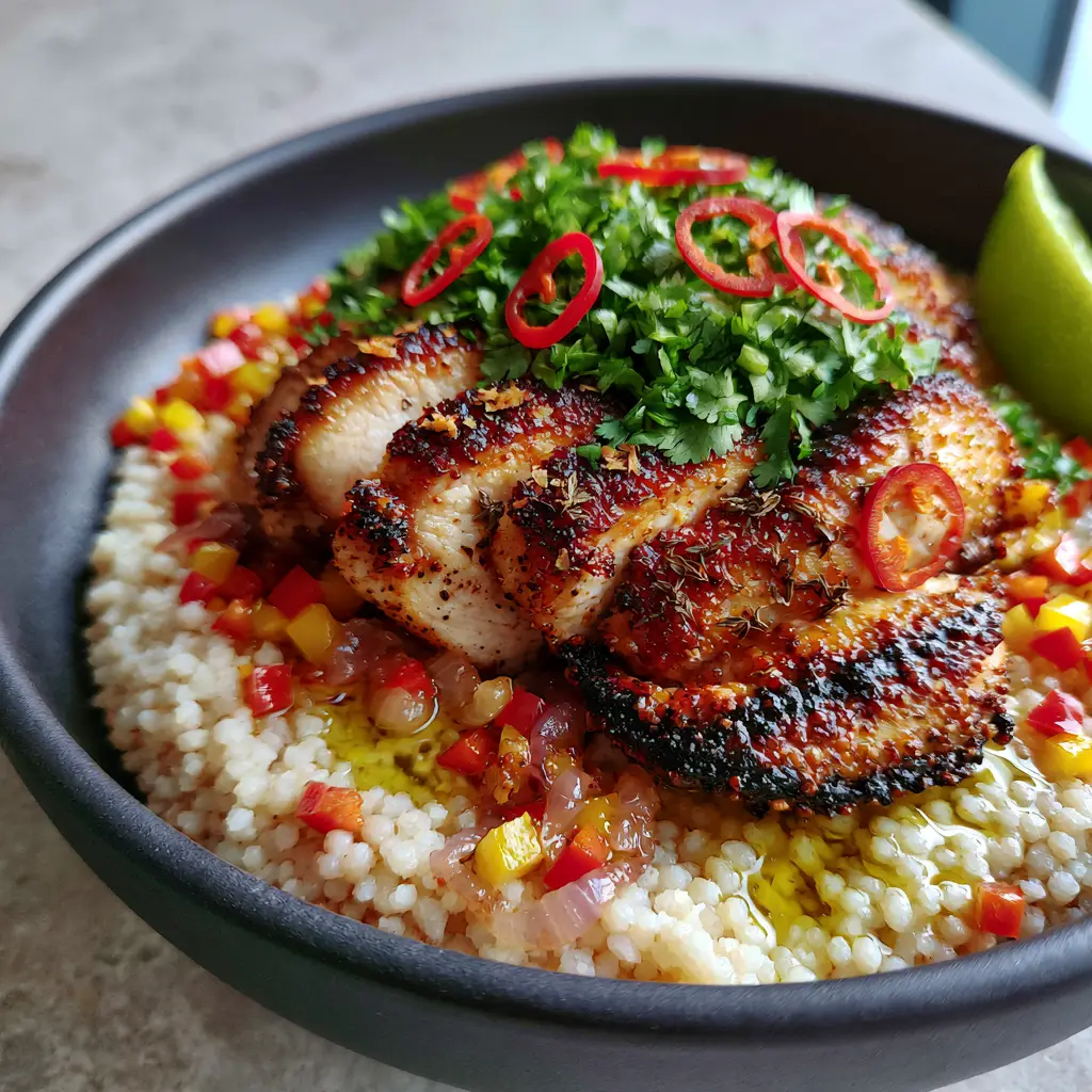 African Dishes Perfected: Charred Thyme Chicken and Fluffy Ivory Fonio Pot 1 Visual of fluffy ivory fonio interspersed with red and yellow bell peppers and fresh cilantro. (African dishes)