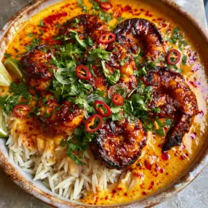 Extreme close-up of charred tiger prawns in a vibrant orange coconut milk sauce. (Mozambique recipes)