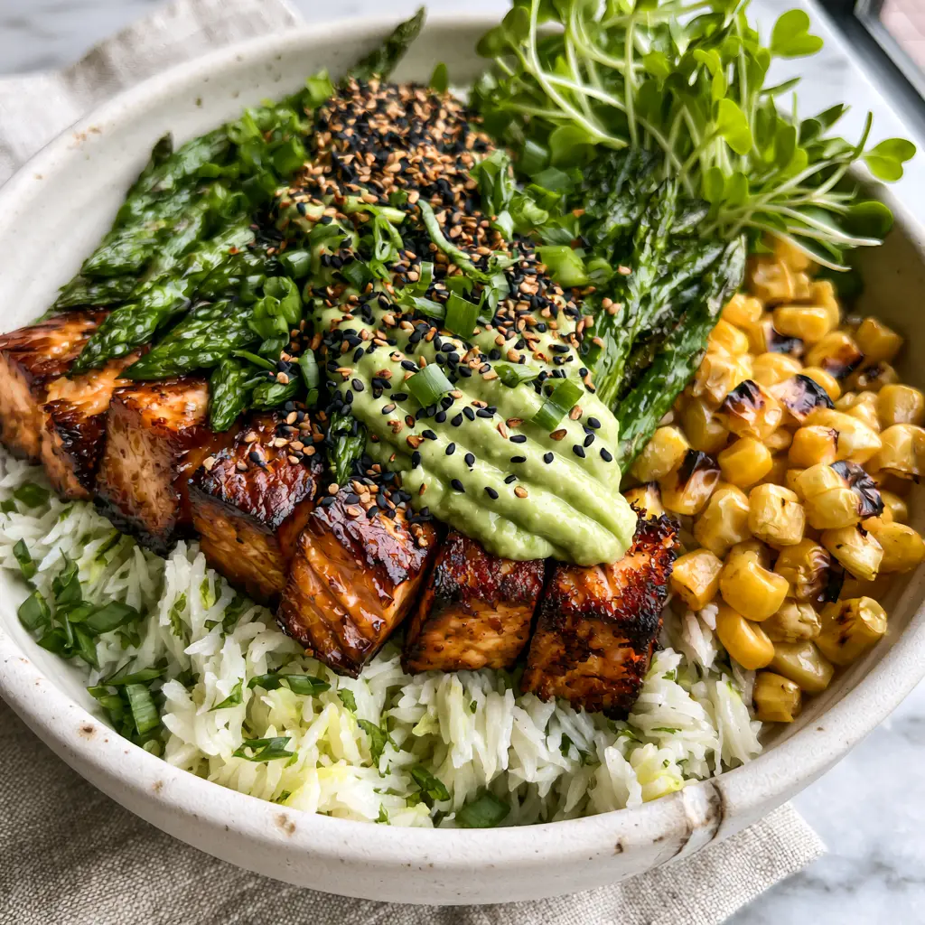 Healthy Dinner Ideas: Honey-Garlic Salmon Bowls with Avocado Crema 2 Close up of seared honey garlic salmon cubes and charred corn in a white ceramic bowl. (Healthy dinner ideas)