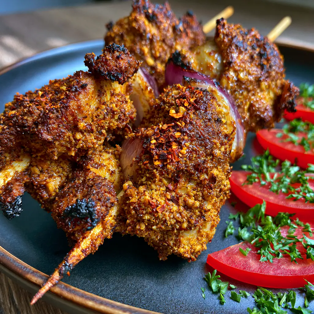 Suya Chicken: The Ultimate Air-Fried Nigerian Street Food Recipe 1 Suya chicken skewers resting on a dark matte ceramic plate with fresh tomato half-moons and parsley. (Suya chicken)