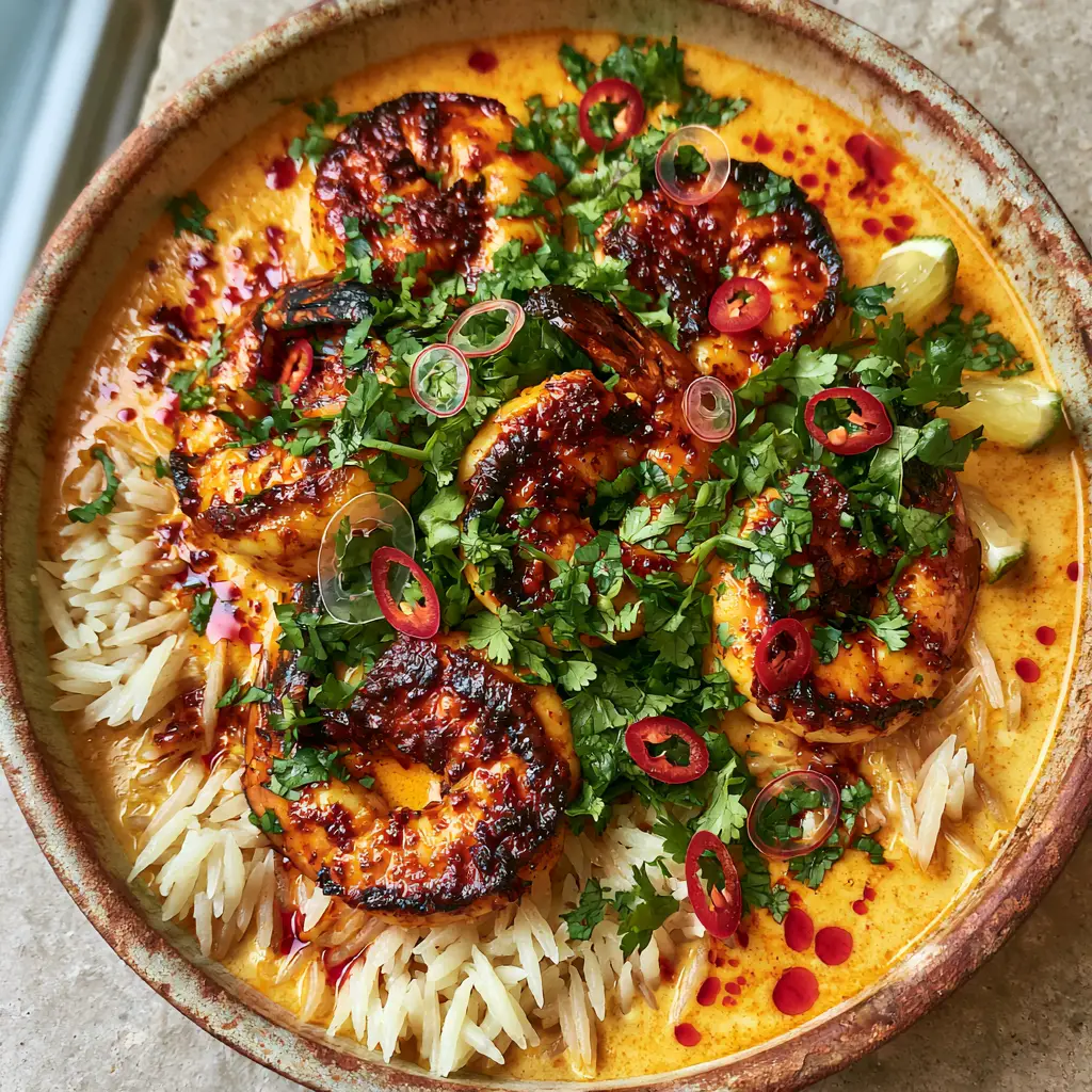 Mozambique Recipes: Seared Piri Piri Coconut Prawns 1 High-angle shot of a rustic bowl with prawns, rice, bird's eye chilies, and lime. (Mozambique recipes)