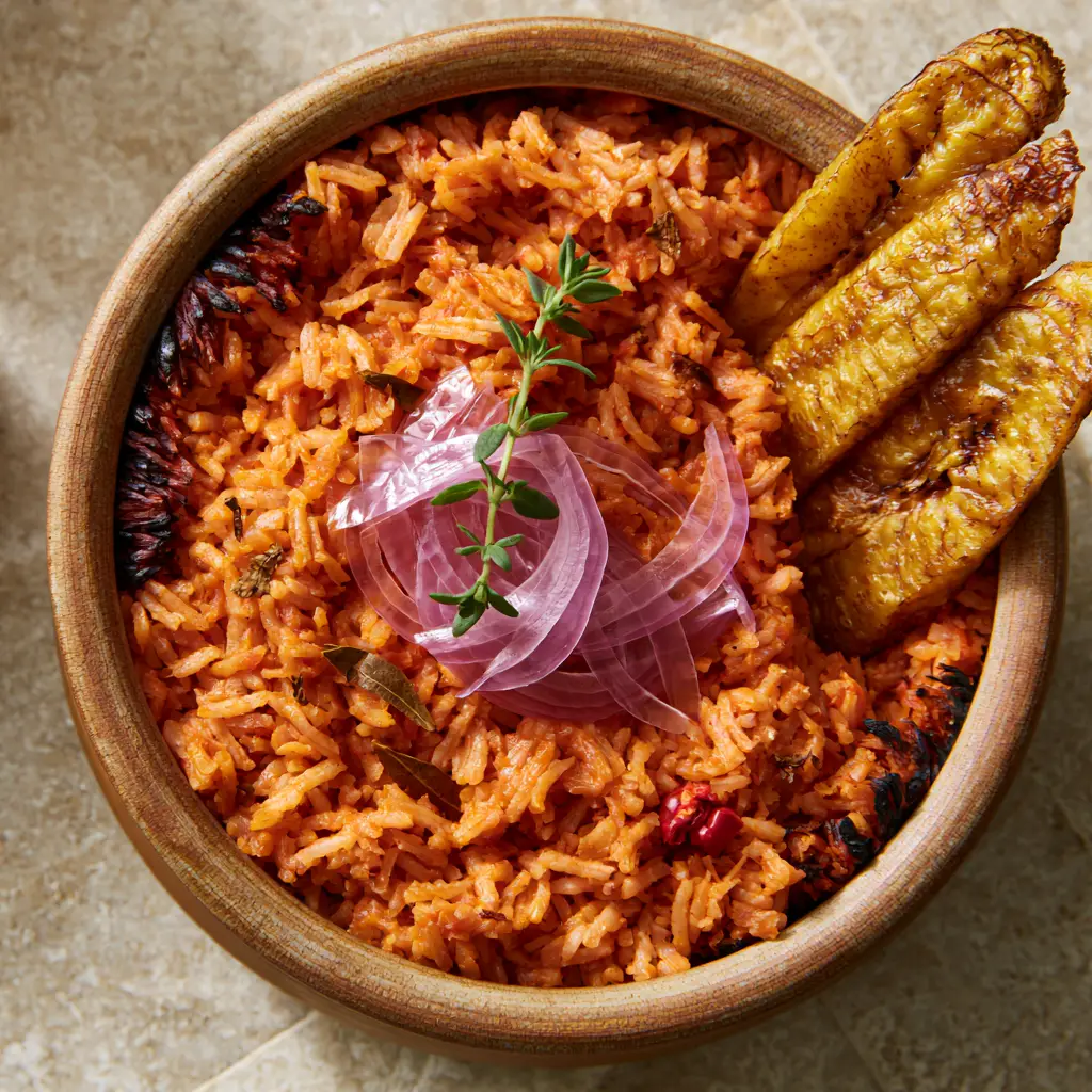 Close-up of caramelized fried plantains and fresh thyme sprig on top of Nigerian Jollof rice.
