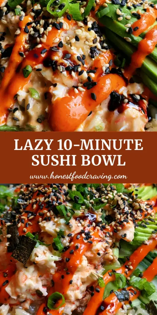 A close-up of Spicy Crab Sushi Bowls with fanned avocado, cucumber ribbons, and a sriracha mayo drizzle in a charcoal bowl.