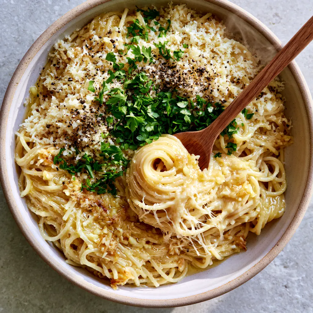 A wooden spoon lifting a swirl of spaghetti from a ceramic bowl, showing the stringy cheese and velvety garlic butter sauce.